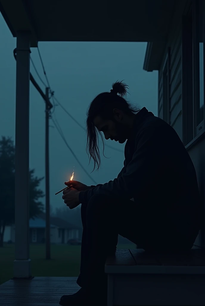 The silhouette of a man sitting on the porch of the house,sad atmosphere,A cigarette slipped in his hand,The heavy burden of life,the night,Long hair is tied up,dark light.silent