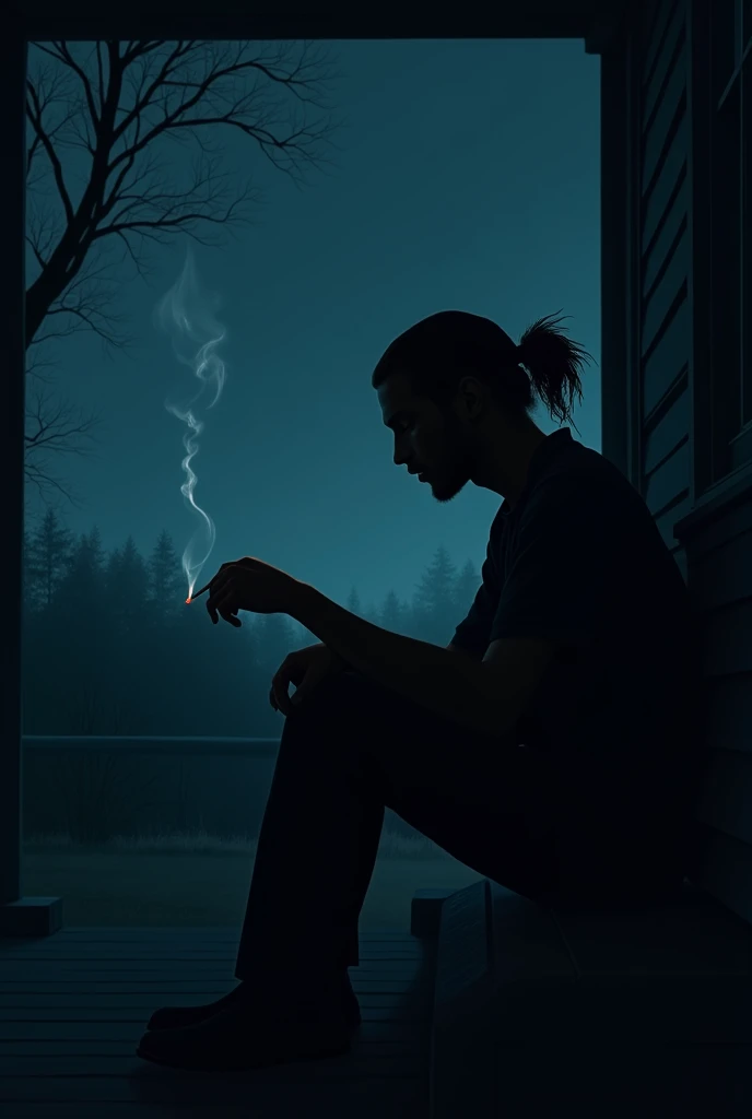 The silhouette of a man sitting on the porch of the house,sad atmosphere,A cigarette slipped in his hand,The heavy burden of life,the night,Long hair is tied up,dark light.silent