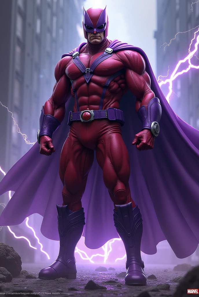 Magneto, X-Men, old, red close helmet, red suit, purple belt, gloves and boots, purple cape, muscular, electricity, magnetic field