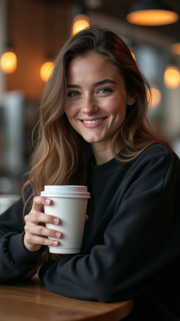 (work of art, photorrealistic:1.4, extremely complex:1.3, radiosity, photon mapping, dtx, 8k), ((((Having a coffee, Holding the cup, smiling, closeup, black sweatshirt, humid, [medium breasts:breasts big:0.8])), humid, [skin-detail:freckles:0.7], naturals, female supermodel, age 26), cafeteria, ((uplit, and beautiful)))
