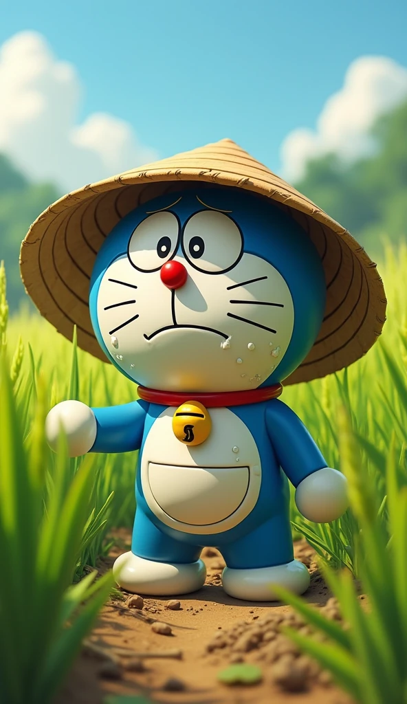 Doraemon works as a farmer harvesting rice.,Doraemon was sweating profusely on his face, very tired from wearing a conical hat.
Sweat from his face made Doraemon all wet.