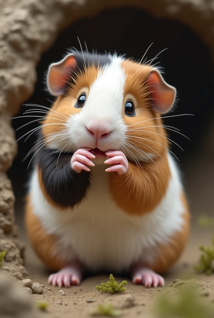 Spotted Andean guinea pig pinching its fingers 
