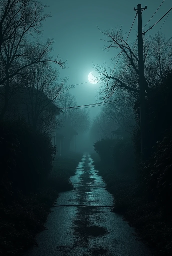 Dark suburb with lots of bushes,without any home