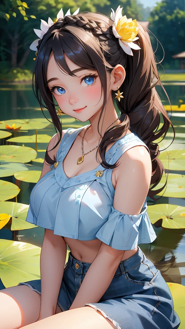 ( 1 girl),smile、Look into the camera、diamond necklace、braided hair, Wear a denim skirt and a random colored tank top that reveals your upper arms.、Extra long twin tail feathers、Flower Hair Ornaments、 Masterpiece, Highest quality, 8ก, beautiful girl, young face、 photography, Cute face, thigh,(Sitting in a lotus pond),、รอยsmile、small waist, blue eyes(((The chest is erect...)))(((round chest)))(((big breasts:1.2)))