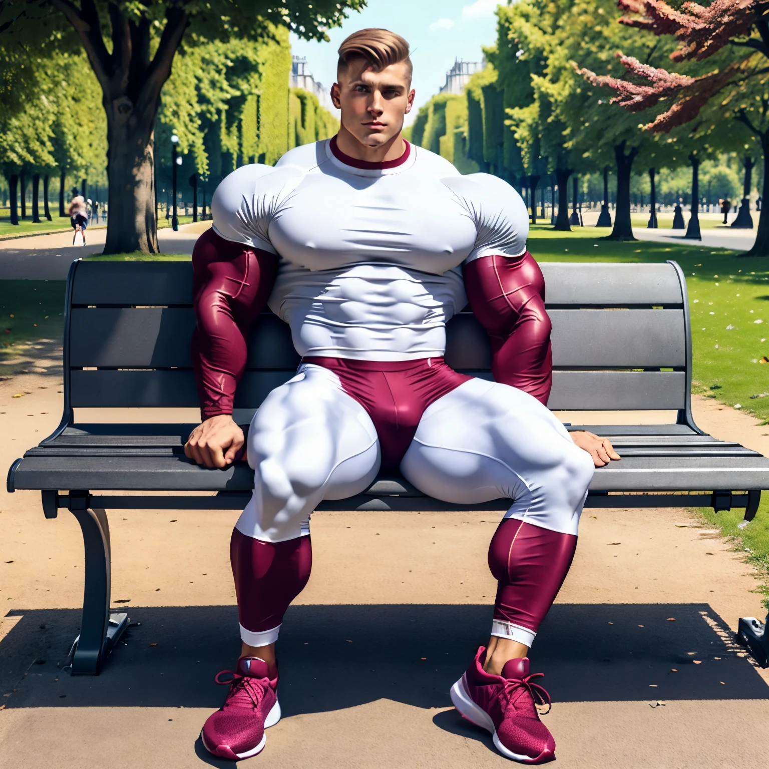full view, full body, one young white european handsome guy with light-brown undercut haircut, wearing tight lycra t-shirt, burgundy shiny lycra sport tights, white socks and hype futuristic running shoes with important transparent air soles, seated on bench in parisian parc, resting, waiting for someone, drinking proteinic drink
