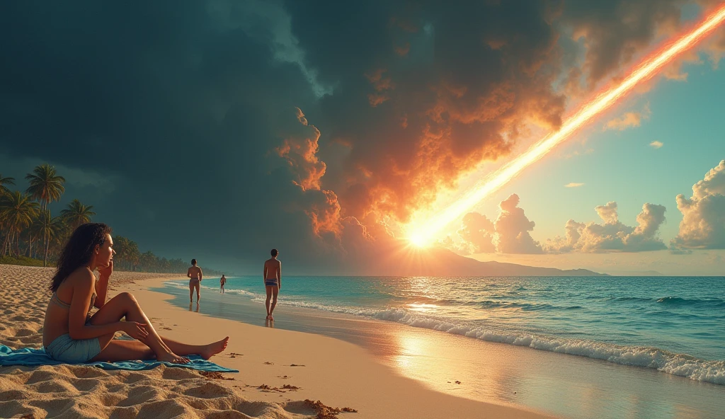 A beach scene where the sky darkens and the atmosphere becomes tense as a meteor approaches and falls onto the beach. The once bright and sunny beach, with people swimming and sunbathing, is overshadowed by the meteor's ominous presence. The sky shows a growing fireball, and the overall ambiance shifts from peaceful to foreboding, with a shadowy aura enveloping the beach as panic begins to spread with the meteor crashing down on the sand.