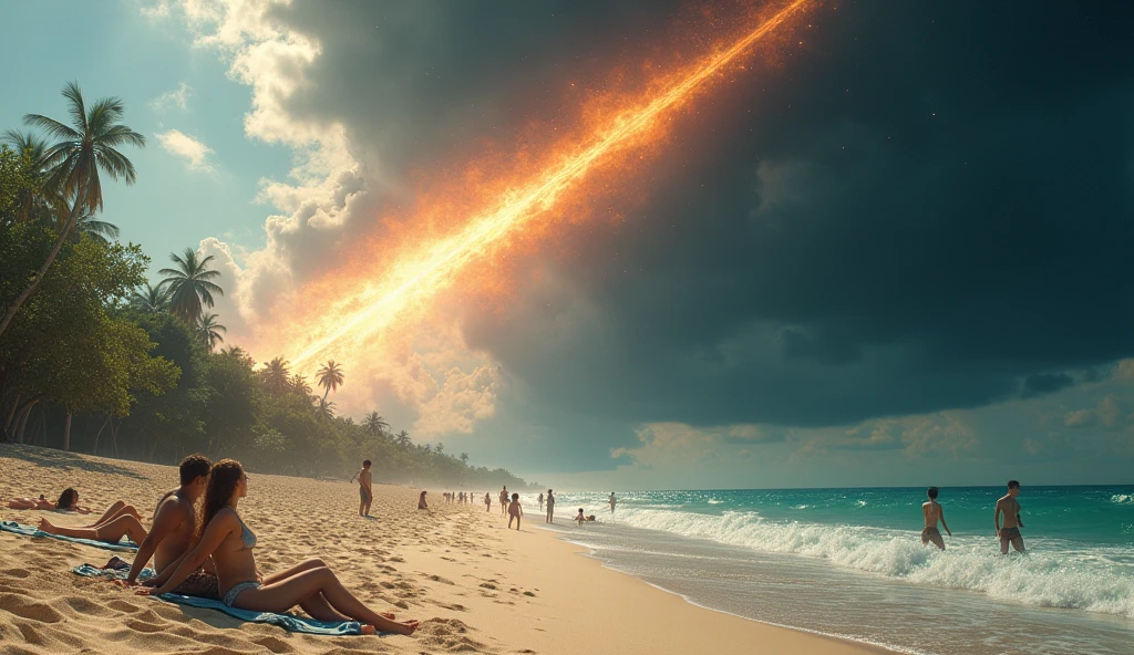 A beach scene where the sky darkens and the atmosphere becomes tense as a meteor approaches and falls onto the beach. The once bright and sunny beach, with people swimming and sunbathing, is overshadowed by the meteor's ominous presence. The sky shows a growing fireball, and the overall ambiance shifts from peaceful to foreboding, with a shadowy aura enveloping the beach as panic begins to spread with the meteor crashing down on the sand.