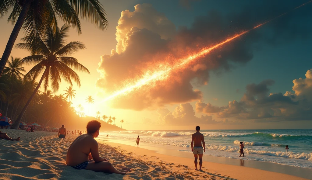 A beach scene where the sky darkens and the atmosphere becomes tense as a meteor approaches and falls onto the beach. The once bright and sunny beach, with people swimming and sunbathing, is overshadowed by the meteor's ominous presence. The sky shows a growing fireball, and the overall ambiance shifts from peaceful to foreboding, with a shadowy aura enveloping the beach as panic begins to spread with the meteor crashing down on the sand.