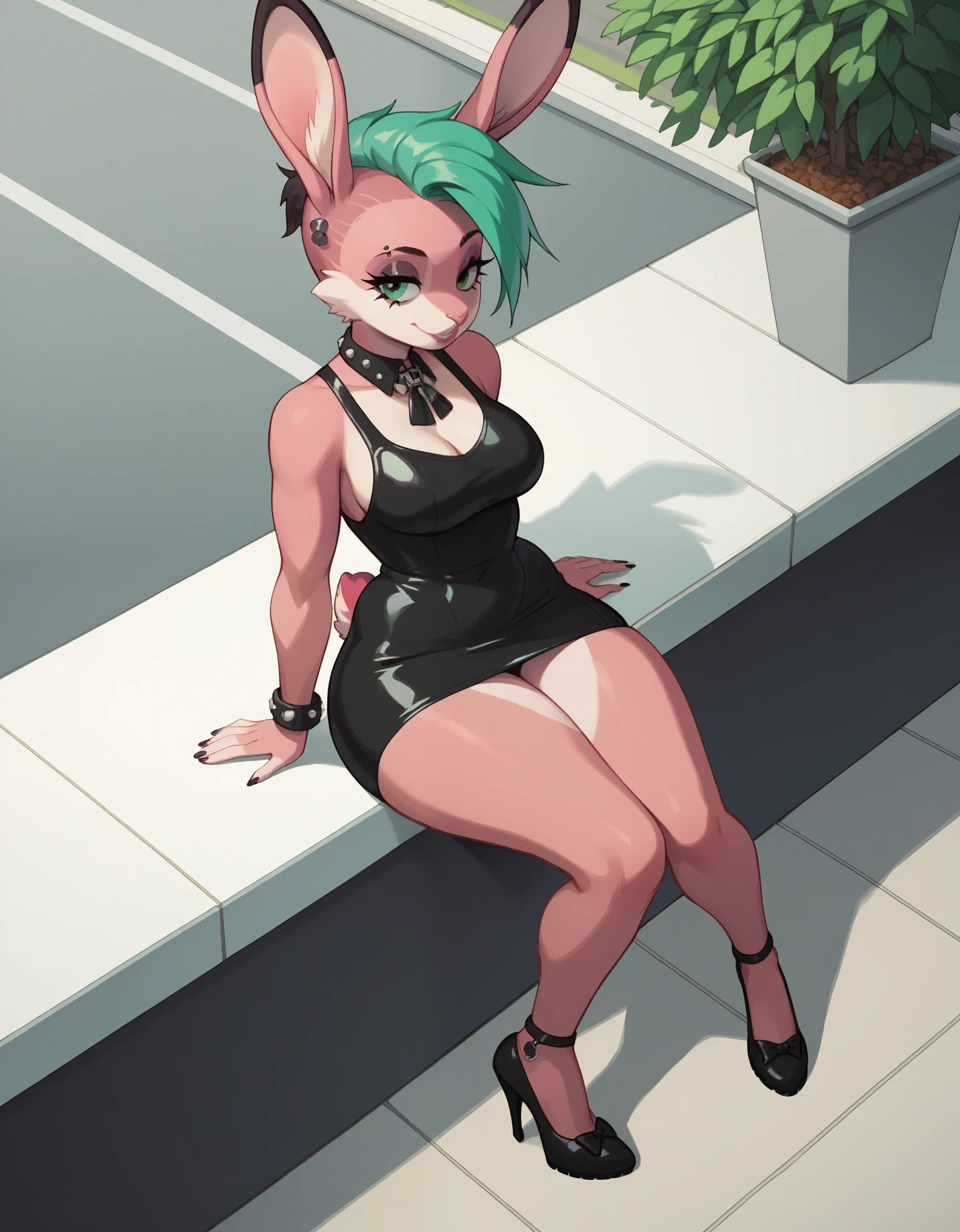 rabbit 1.0, furry bunny 2.0, Female, mini dress, high heels, lecherous look, 1 Female, Near angle, short haircut,(punk 3.0),[piercing], Sitting in a street café, nice place, Sitting outside, Beautiful city in the background, city in Italy