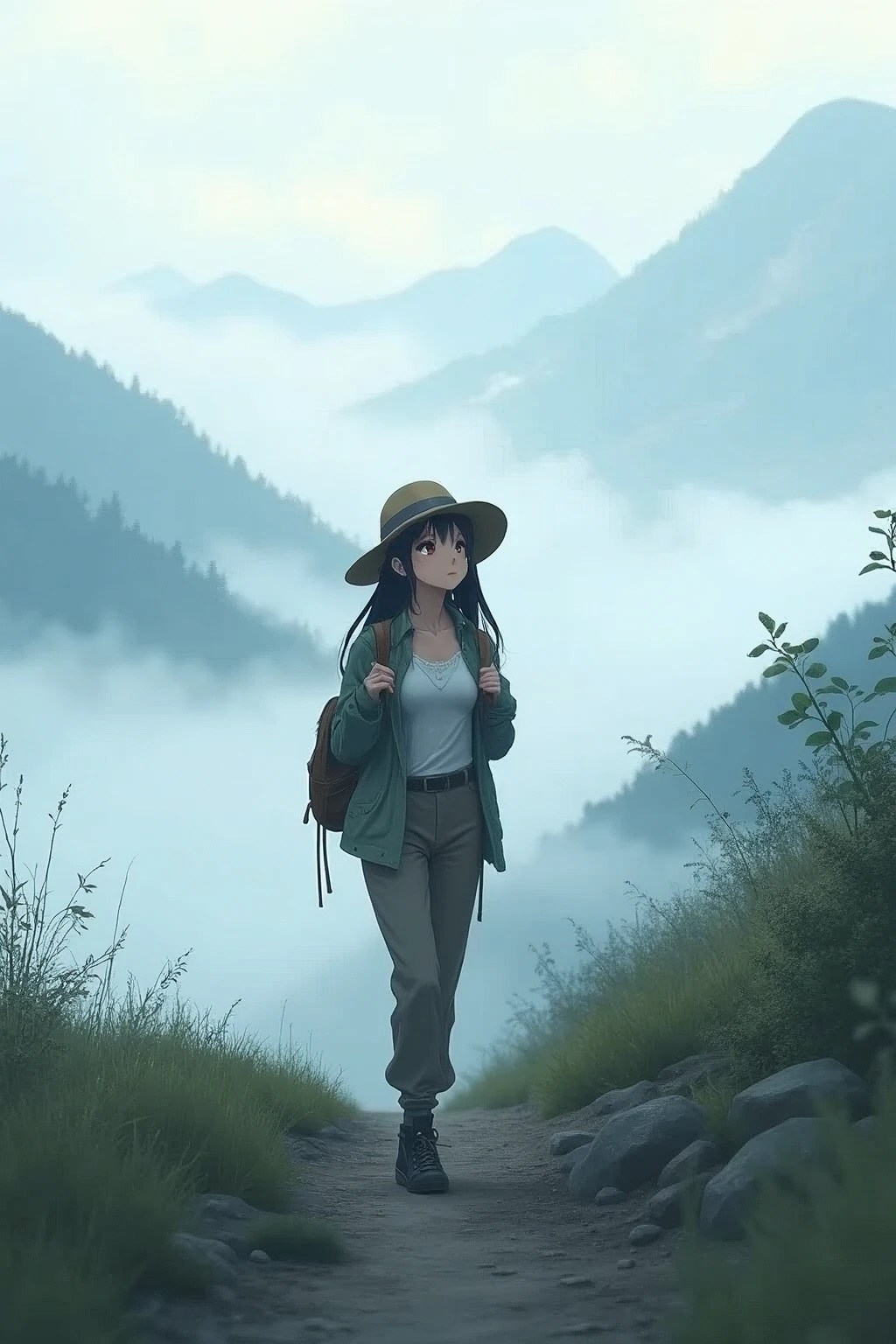 From front,masterpiece,HDR,illustration,Anime,bokeh,1 girl,black hair,big breasts,earring,jacket,long pants,safari hat,backpack,She looks up,She grabs the shoulder straps of her backpack,White thick fog,The whole area is covered with white fog,morning mist,mountain trail