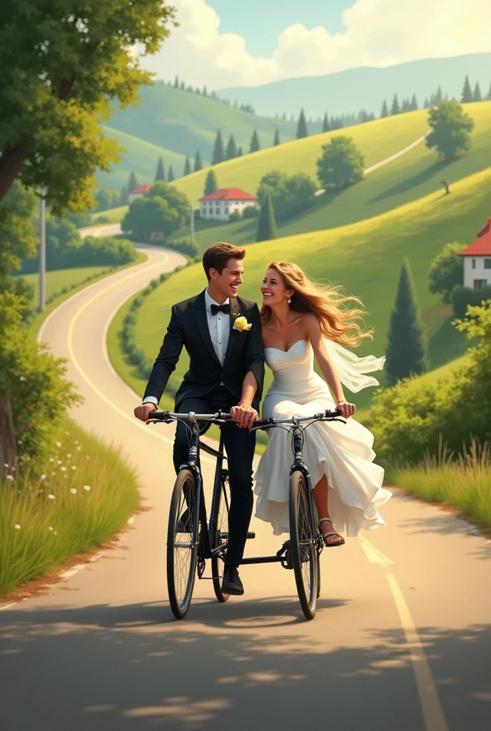 Riding a tandem bike uphill with a man and a woman after their wedding.