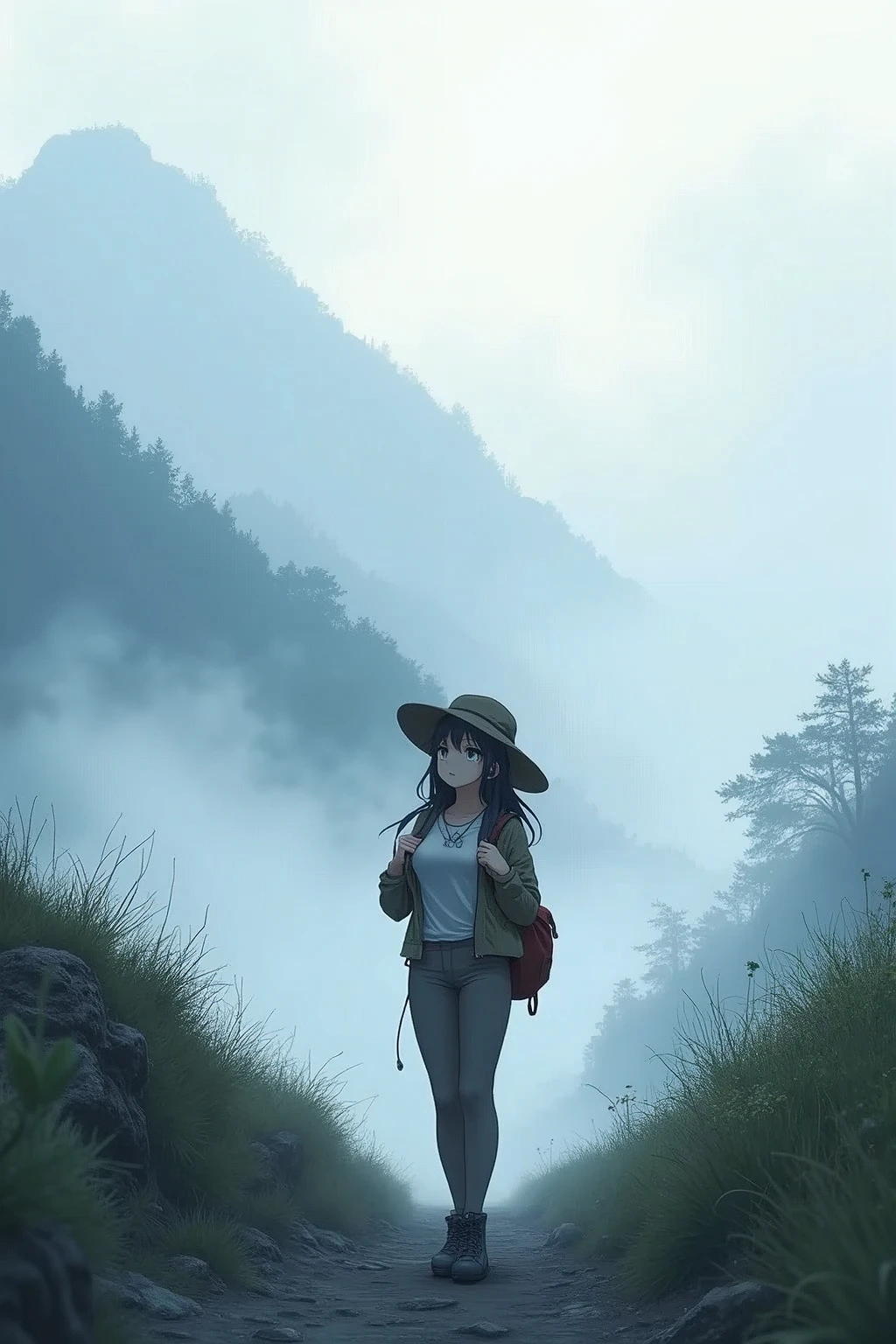 From front,masterpiece,HDR,illustration,Anime,bokeh,1 girl,black hair,big breasts,earring,jacket,long pants,safari hat,backpack,She looks up,She grabs the shoulder straps of her backpack,White thick fog,The whole area is covered with white fog,morning mist,mountain trail