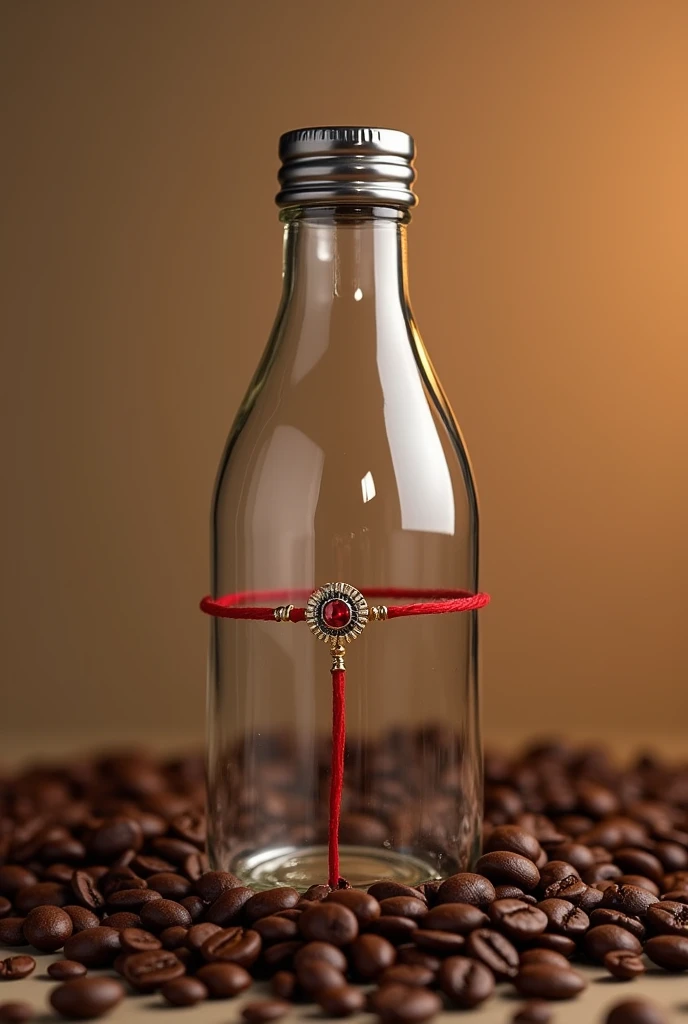 A transparent class coffee bottle with Metal cap  named Tsunami holding a rakhi on  rakshabandhan  At cooffee beans 