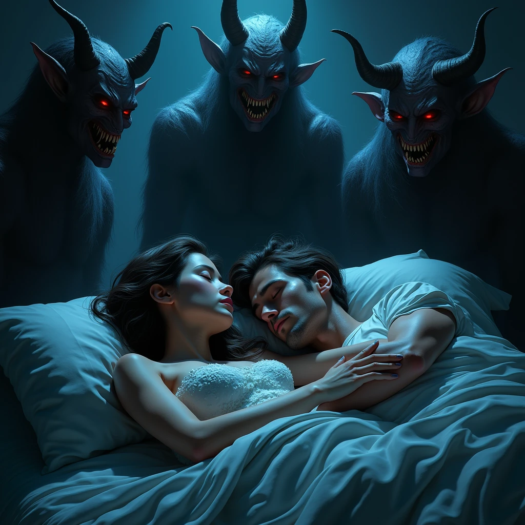 Heterosexual couple sleeping and demons, a woman and a man, watching them.