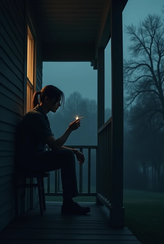 The silhouette of a man sitting on the porch of the house,sad atmosphere,A cigarette slipped in his hand,The heavy burden of life,the night,Long hair is tied up,dark light.silent
