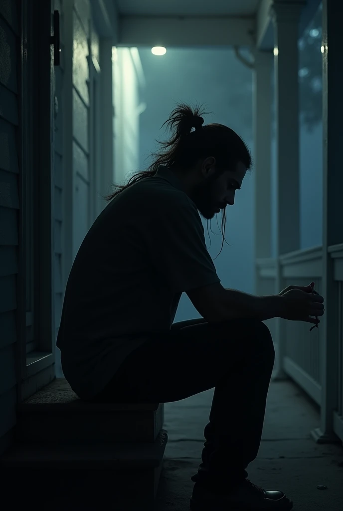 The silhouette of a man sitting on the porch of the house,sad atmosphere,A cigarette slipped in his hand,The heavy burden of life,the night,Long hair is tied up,dark light.silent