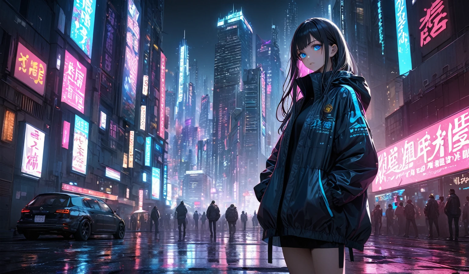 Full color, BREAK extreme detailed, ultra-realism, detailed and realistic skin texture, cyberpunk, Detailed and intricate texture, Detailed and intricate brushwork, Detailed and clear depiction, Cinematic lighting effects, volumetric lighting, Very fancy detailed photorealistic background, The scene is a very dark night, The scene is densely filled with skyscrapers, japanese texts, neons, night, dark, dim, BREAK A girl is standing among skyscrapers, 1girl, solo, finely detailed eyes, blue eyes, reflective eyes, beautiful girl, long hair, windbreaker jacket, hands in pockets, looking at viewer, cowboy shot