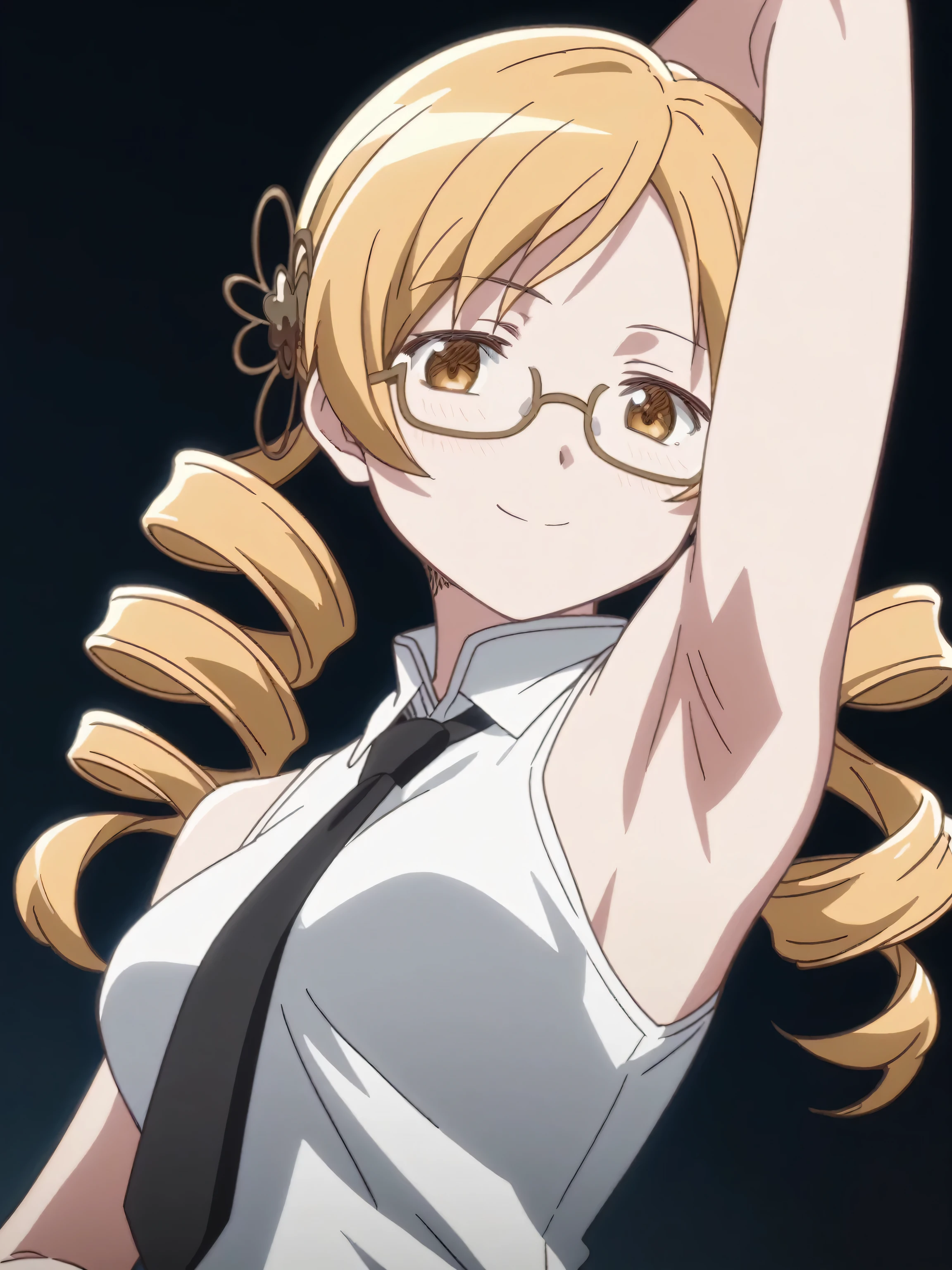 score_9, score_8_up, score_7_up, source_anime, anime screencap, Mami Tomoe, glasses, tie, necktie, black necktie, shirt, (white shirt:1.1), collared shirt, formal shirt, sleeveless shirt, bare shoulders, bare arms, office lady, looking at viewer, eye contact with viewer, smile, closed mouth, light blush, sleeveless, bare shoulders, black background, arms up, raised arms, arms behind head, armpits