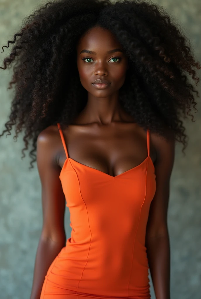 Woman, brown skin, black curly hair, green eyes, minidress 