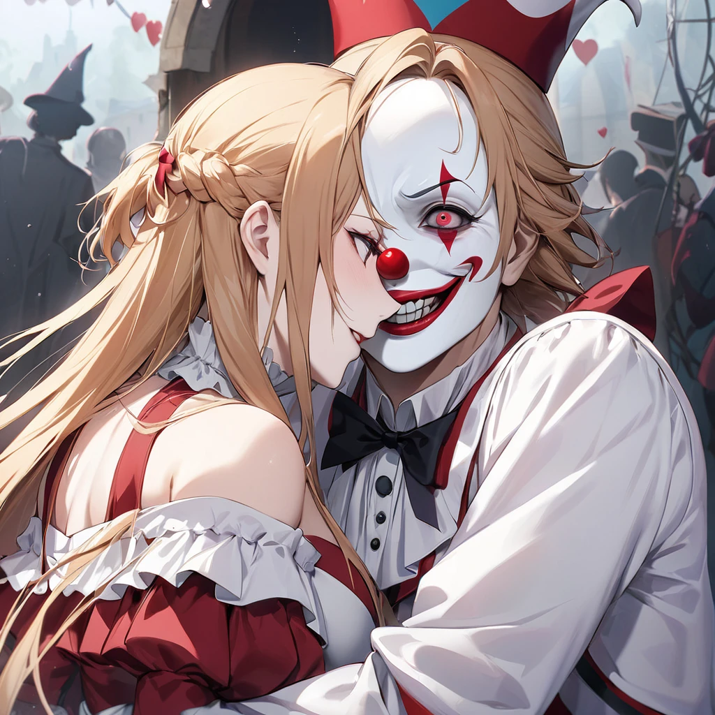 ((Highest quality)), ((masterpiece)), (detailed), (Perfect Face)、The woman is holding a baby、((The woman is a clown lady who used to be Asuna Yuuki. She has light brown, semi-long hair, pure white skin, and is wearing a creepy clown mask.))、The woman was dressed in a creepy clown costume, wearing a jester hat with clown makeup, a creepy clown face, and a red nose.、The woman is a creepy, evil, lewd clown who is a minion of an evil organization.、The woman is in love with the ringmaster clown in the evil circus.、The Pierrot leader made the woman his own, and as his Pierrot wife, her love and loyalty was engraved into his soul forever.、The woman is the wife of a destined clown couple who are spiritually bound to the head clown.、The woman, from her hair to her soul, became the property of the Pierrot leader、The woman was completely dyed in the Pierrot leader's color and eternally bound as his ideal Pierrot wife.、The woman is holding a baby