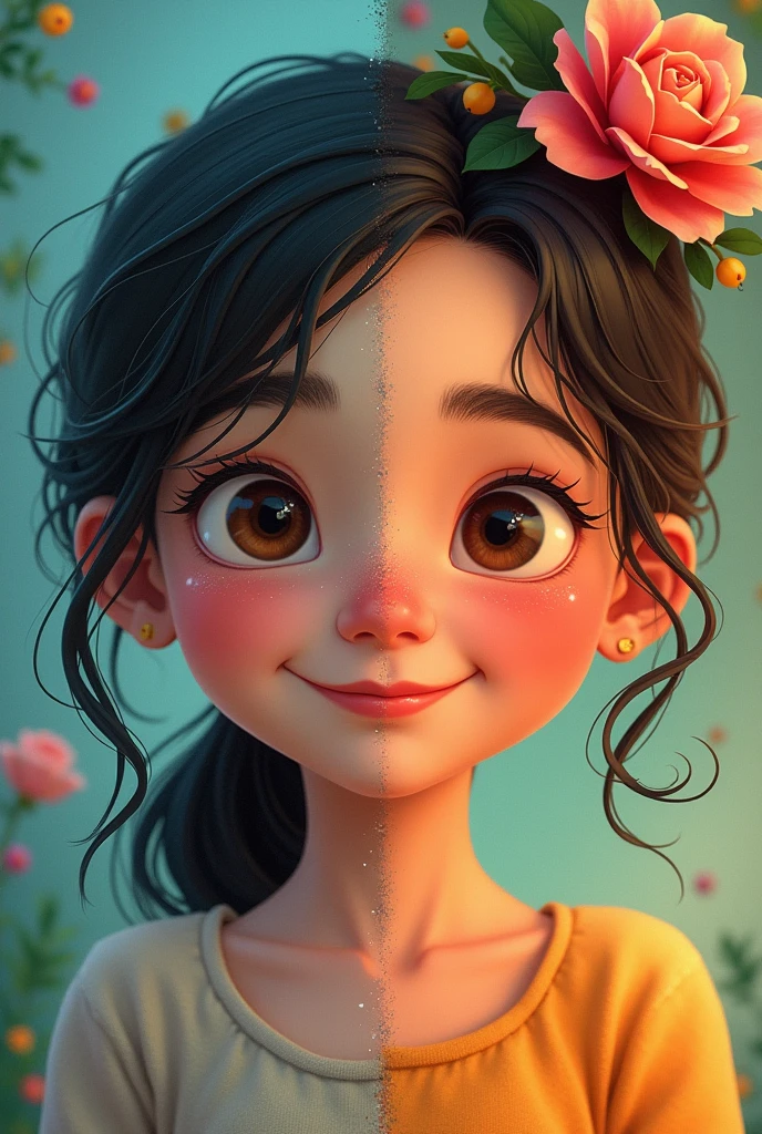 Create an image that is half a human child actress and half the same child in a cartoon style drawing.