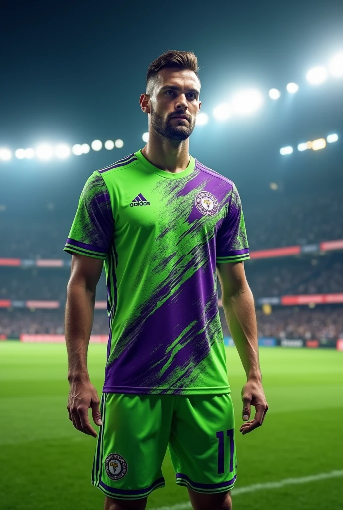 a green soccer jersey with purple details