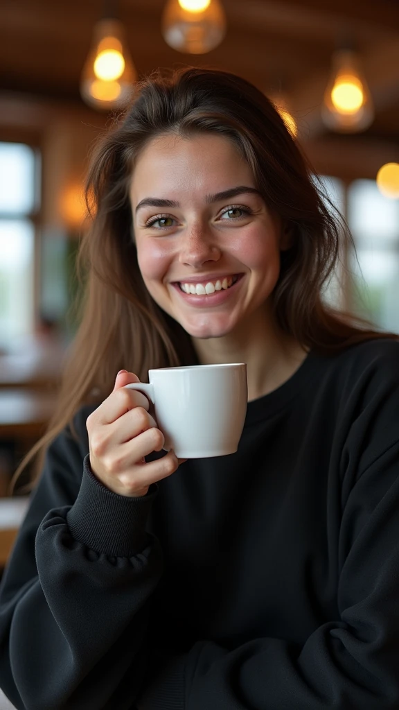(work of art, photorrealistic:1.4, extremely complex:1.3, radiosity, photon mapping, dtx, 8k), ((((Having a coffee, Holding the cup, smiling, closeup, black sweatshirt, humid, [medium breasts:breasts big:0.8])), humid, [skin-detail:freckles:0.7], naturals, female supermodel, age 26), cafeteria, ((uplit, and beautiful)))
