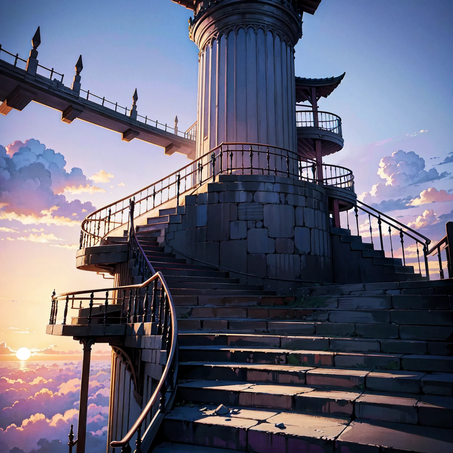 The only structure present in the painting is a simple staircase made of iron. There is no land. There are no walls. The background is nothing but stairs and clouds. A girl with long violet-purple hair. A kind, full smile. Pointy elf ears. Her clothes are simple: a black robe with wide sleeves and a black miniskirt. Her knees are showing. There is a V-shaped white insert in the front, like a kimono. A witch's hat with purple ribbons on each side. Black boots. Background, bright painting, Makoto Shinkai, only endless stairs, stairs above clouds, illustration, nostalgic, vivid, bright, sunset. A maze of connected stairs. A labyrinth of stairs. Not touching land. A simple iron staircase. Decaying old staircase.