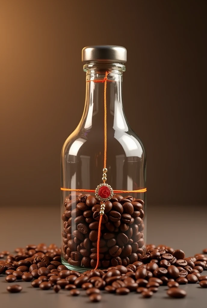 A transparent class coffee bottle with Metal cap  named Tsunami holding a rakhi on  rakshabandhan  At cooffee beans 