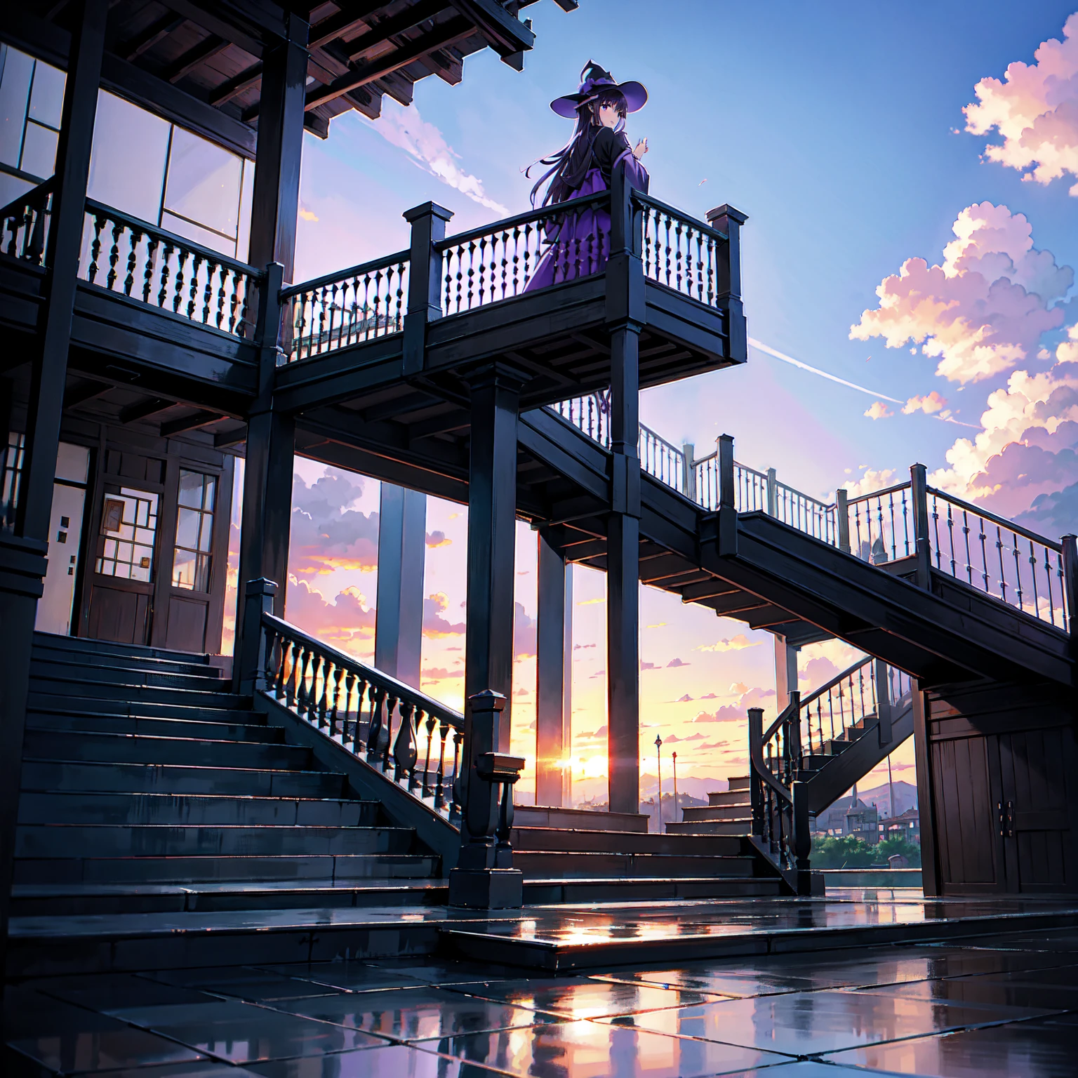 The only structure present in the painting is a simple staircase made of iron. There is no land. There are no walls. The background is nothing but stairs and clouds. A girl with long violet-purple hair. A kind, full smile. Pointy elf ears. Her clothes are simple: a black robe with wide sleeves and a black miniskirt. Her knees are showing. There is a V-shaped white insert in the front, like a kimono. A witch's hat with purple ribbons on each side. Black boots. Background, bright painting, Makoto Shinkai, only endless stairs, stairs above clouds, illustration, nostalgic, vivid, bright, sunset. A maze of connected stairs. A labyrinth of stairs. Not touching land. A simple iron staircase. Decaying old staircase.