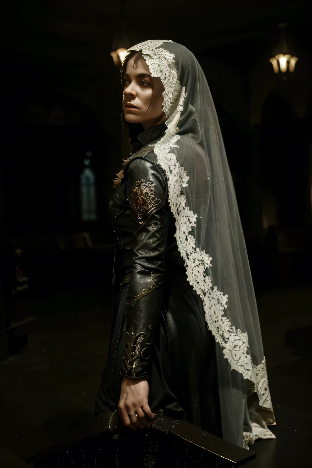(Best quality, 8k, 32k, Masterpiece, UHD:1.2), A grand cathedral interior with soaring arches, stained glass windows, and ornate columns. The lighting is dramatic and moody, with shadows cast across the walls. The altar is adorned with dark, twisted sculptures of demons and gargoyles. Flickering candles illuminate the scene, casting an eerie glow. The ceiling is painted with a dark, macabre fresco depicting hellish scenes and tortured souls. The pews are ancient and worn, and the air is thick with the scent of incense and decay. A lone figure kneels in prayer at the altar, their face obscured by a dark hood. The overall atmosphere is one of gothic horror and supernatural dread, blending elements of the Sistine Chapel and Spanish royal palaces into a nightmarish cathedral setting.
The key elements are:
Soaring gothic architecture with arches, columns, stained glass
Dramatic, moody lighting with shadows
Dark, twisted demonic sculptures and gargoyles
Flickering candles casting an eerie glow
Dark, macabre ceiling fresco with hellish scenes
Ancient, worn pews and thick, incense-scented air
Lone hooded figure kneeling in prayer at the altar
Combining these gothic, supernatural, and horror elements creates an unsettling, nightmarish atmosphere reminiscent of the Sistine Chapel and Spanish royal palaces. The lighting and architectural details are critical to establishing the dark, foreboding mood.