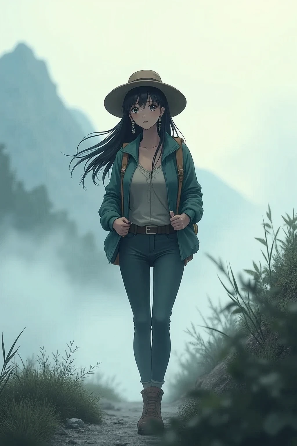 From front,masterpiece,HDR,illustration,Anime,bokeh,1 girl,black hair,big breasts,earring,jacket,long pants,safari hat,backpack,She looks up,She grabs the shoulder straps of her backpack,White thick fog,The whole area is covered with white fog,morning mist,mountain trail
