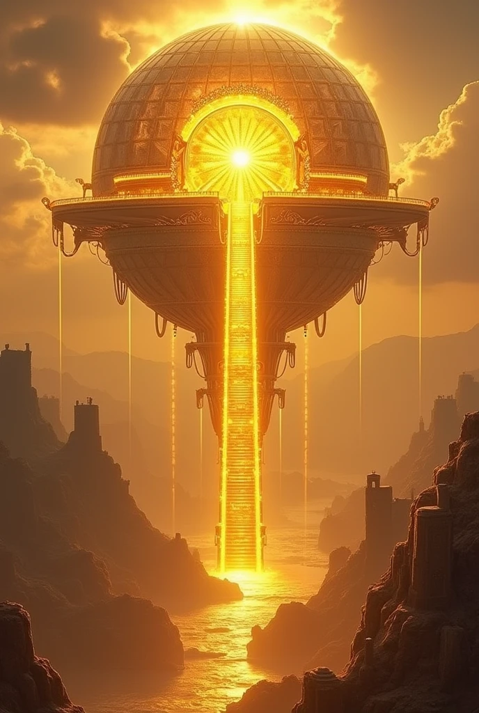 A spherical floating sun temple , made of gold and glass of elegant style. It is floating in the sky and is connected to the land by a gigantic staircase made of sun rays. The building is magical and mystical. It has its city surrounding it, simmilar to the summerian cities. 