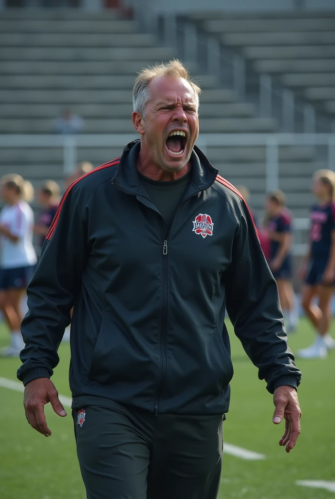 A lacrosse coach expressing anger and frustration, with players in the background. Show the coach gesticulating and shouting, with a furious expression.Realista,cinematic,8k