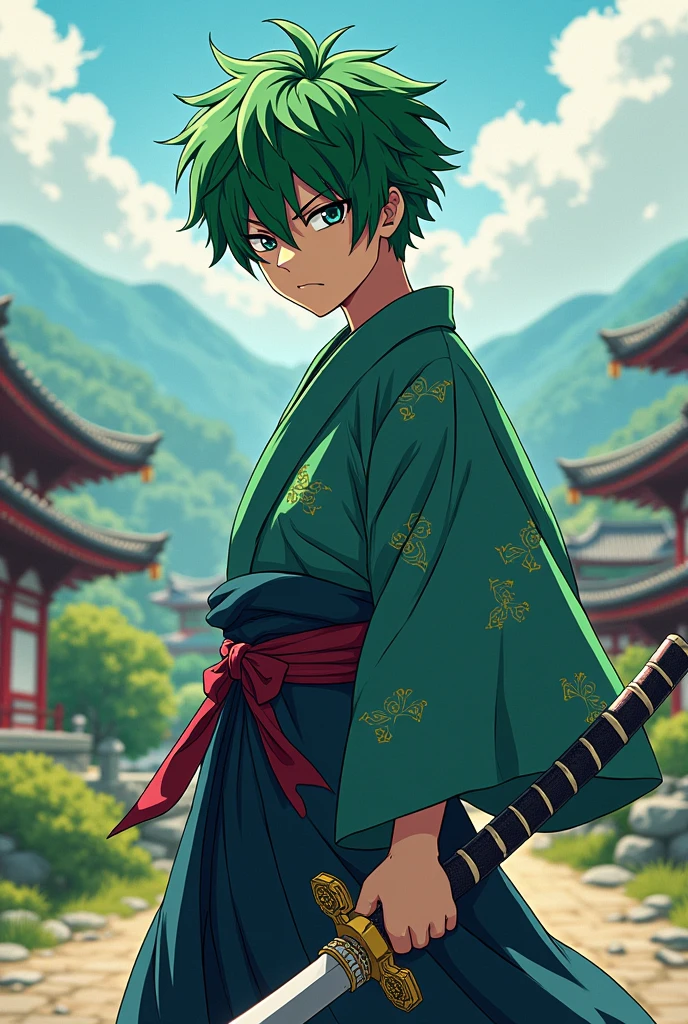 Anime samurai teenager boy with green hair