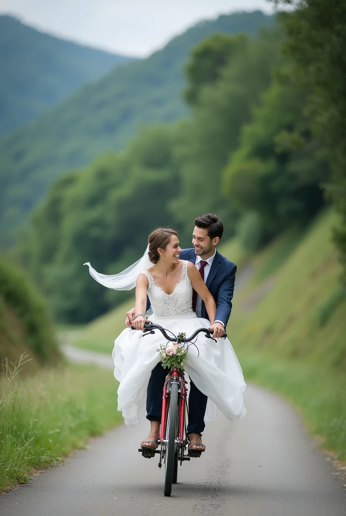 A tandem bicycle with the man and woman sitting one behind the other, going uphill after their wedding.