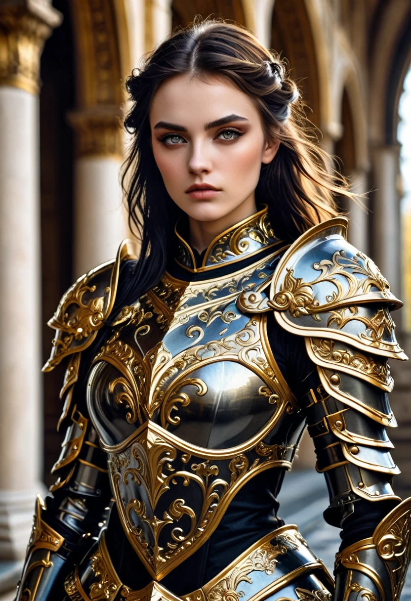 a close up of a woman in armor with a sword, stunning armor, wearing fantasy armor, very stylish fantasy armor, gold heavy armor. dramatic, beautiful armor, fantasy armor, black and gold armor, gothic armor, wearing ornate armor, intricate armour costumes, female armor, ornate gothic armor, ornate , wearing louis vuitton armor, girl in knight armor