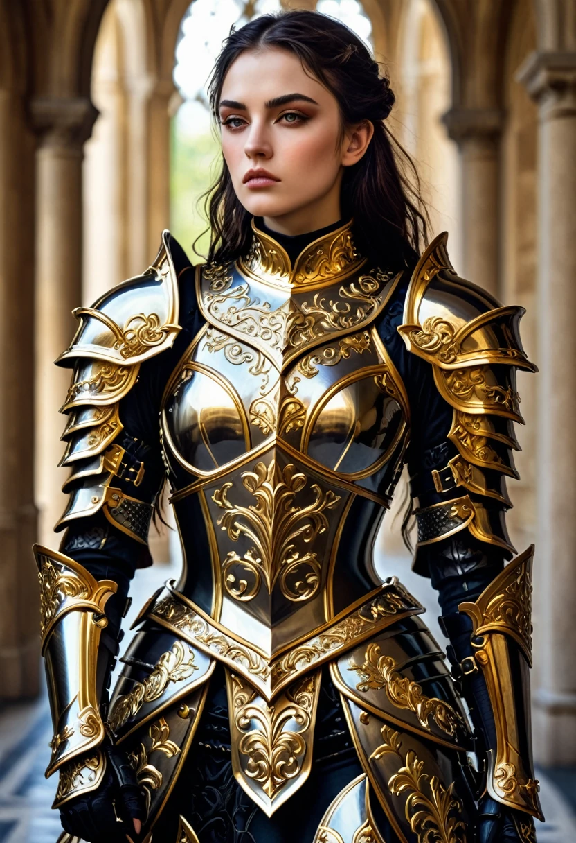 a close up of a woman in armor with a sword, stunning armor, wearing fantasy armor, very stylish fantasy armor, gold heavy armor. dramatic, beautiful armor, fantasy armor, black and gold armor, gothic armor, wearing ornate armor, intricate armour costumes, female armor, ornate gothic armor, ornate , wearing louis vuitton armor, girl in knight armor