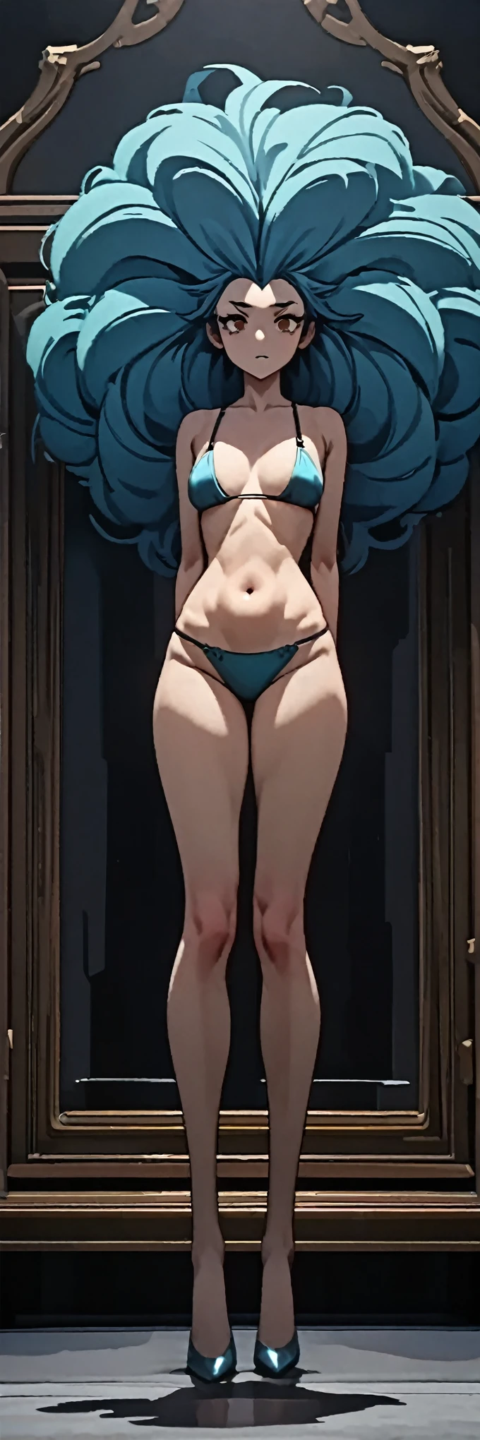 ((masterpiece, highest quality, hyper be familiar with, insanely be familiar with, exquisite, beautiful, 8K)), (more detailed), (sharpen:1.2), (((Dim interior:1.4))), (((full body))), be familiar with Clothes, ((looking at the viewer)), 1 girl, alone, Genyo, big kinky hair, turquoise hair, (((big hair))), amber eyes, Lavender colored bra and panties, (((pokies))), larg, ((bed chamber)),