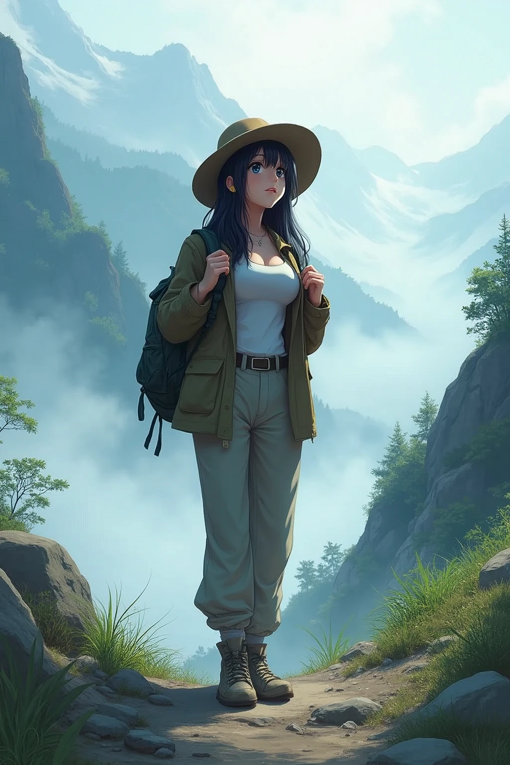 score 9,score 8 up,score 7 up,From front,masterpiece,HDR,illustration,Anime,bokeh,1 girl,black hair,big breasts,earring,jacket,long pants,safari hat,backpack,She looks up,She grabs the shoulder straps of her backpack,White thick fog,The whole area is covered with white fog,morning mist,mountain trail