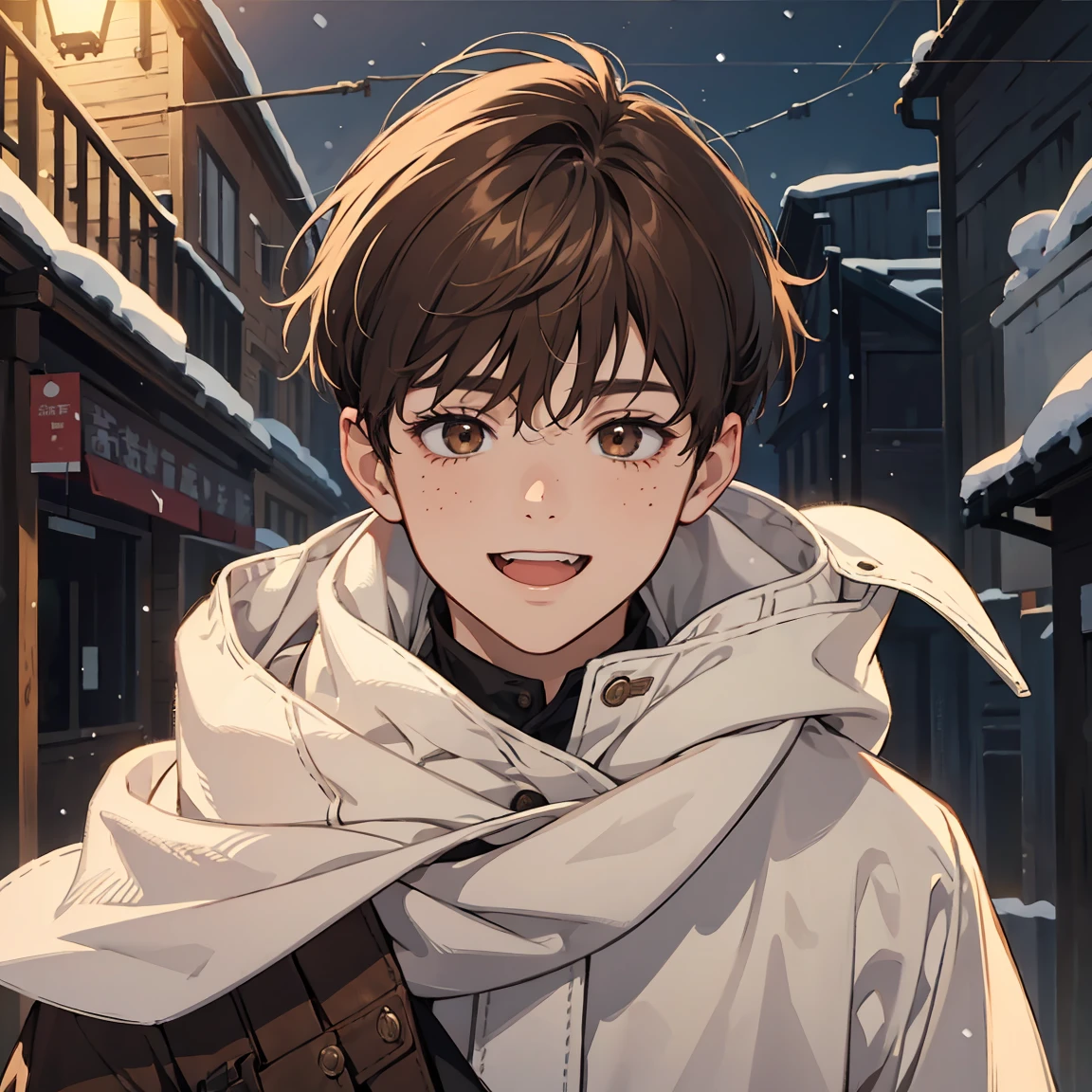 Masterpiece, best quality, 1boy english,Chris, 13 years old, very short hair, brown hair, winter clothes (brown eyes,[freckles]) , smile, open mouth ((focus face)) BREAK ((upper body )) , (winter background ) 