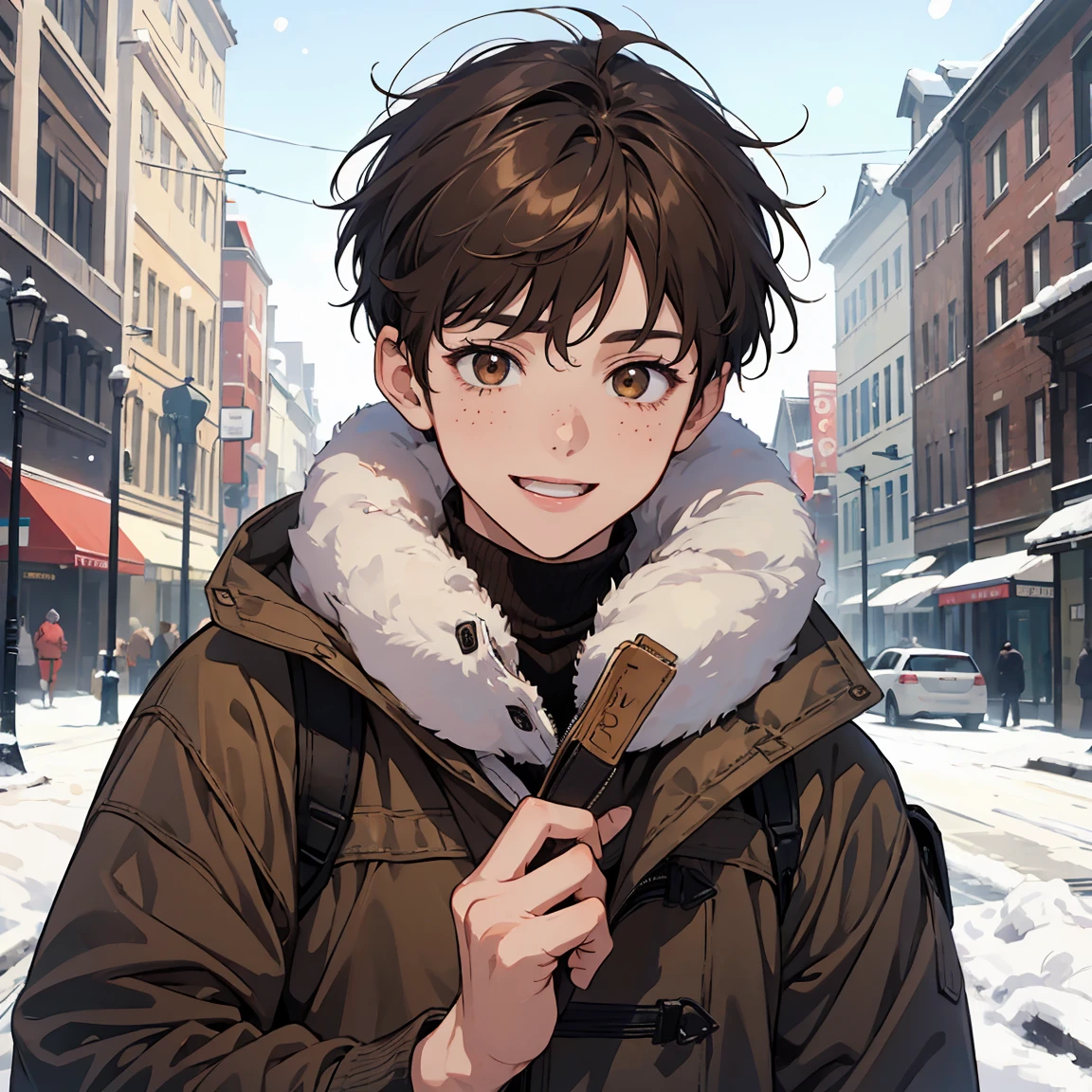 Masterpiece, best quality, 1boy english,Chris, 13 years old, very short hair, brown hair, winter clothes (brown eyes,[freckles]) , smile, open mouth ((focus face)) BREAK ((upper body )) , (winter background ) 