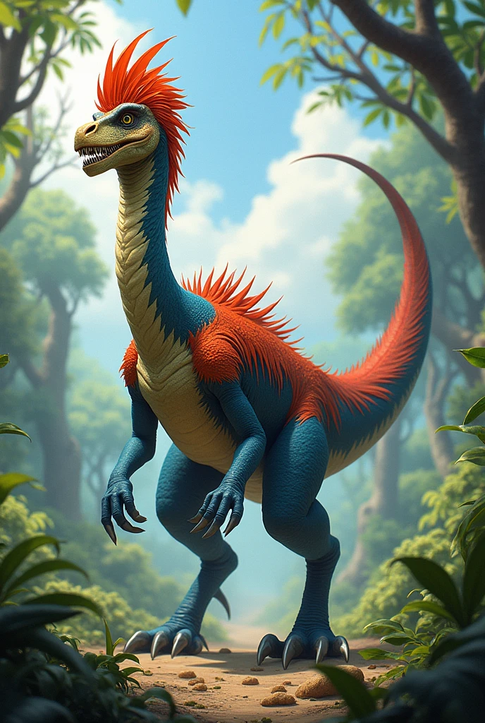 Fictional dinosaur that is herbivorous and colorful, indicating how venomous it is, 5 meters tall and slender in appearance, 4 eyes on the skull, thin-mouthed, with 67cm teeth, that its arms are long and that it has 5 meter long claws, with a 10 meter long neck, feathered torso and long legs that allow it to run more than 46 meters long, having a long tail of 8 meters and full of feathers