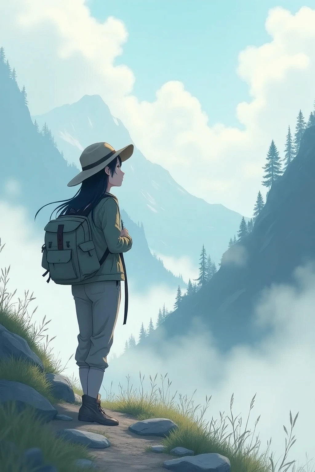 score 9,score 8 up,score 7 up,From front,masterpiece,HDR,illustration,Anime,bokeh,1 girl,black hair,big breasts,earring,jacket,long pants,safari hat,backpack,She looks up,She grabs the shoulder straps of her backpack,White thick fog,The whole area is covered with white fog,morning mist,mountain trail