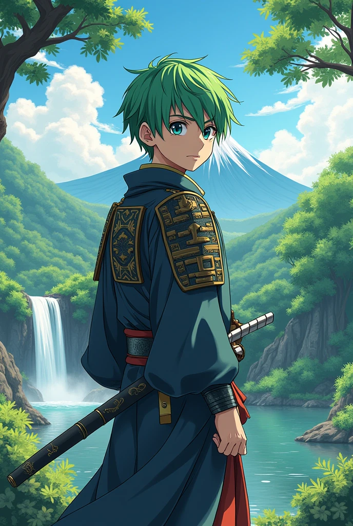 Anime samurai teenager boy with green hair