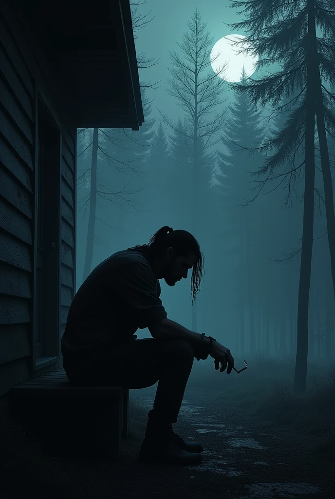 The silhouette of a man sitting on the porch of the house,sad atmosphere,A cigarette slipped in his hand,The heavy burden of life,the night,Long hair is tied up,dark light.silent forest house location,many trees moonlight