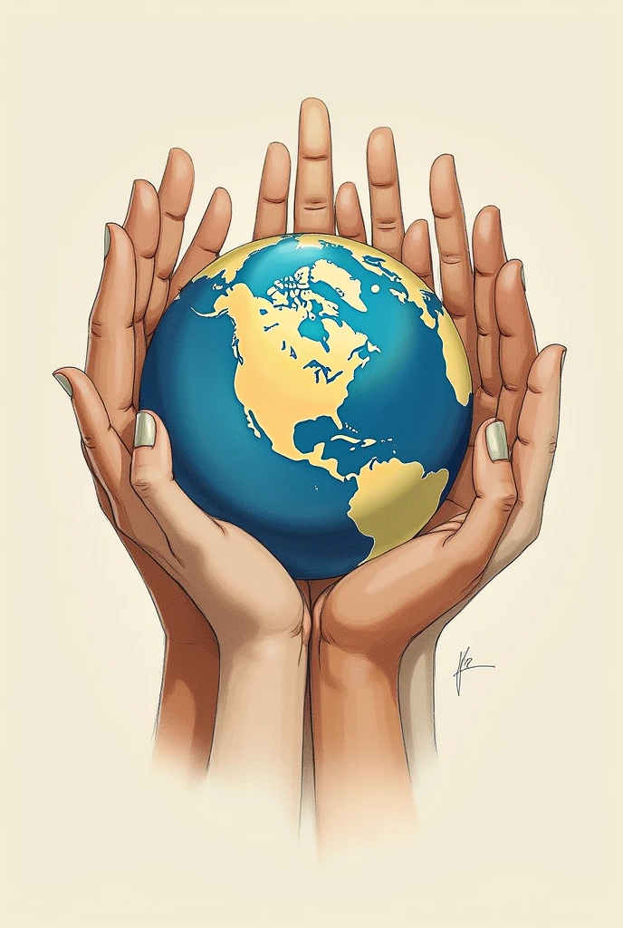 MULTIPLE HANDS HOLDING PLANET EARTH LIKE A DRAWING