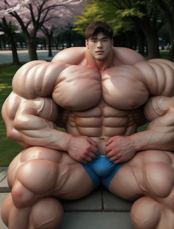 1boy, giant, asian, solo, giant bodybuilder, illuminating light, strong body, bulk, large size, sitting in any place, outdoor, with cherry blossom, nude, blue triangular underwear with enormous bulge, extraordinary big, brutalmass, giant muscular body, bulk, buff, massive body, large meaty body size, extremely wide body, tallest body