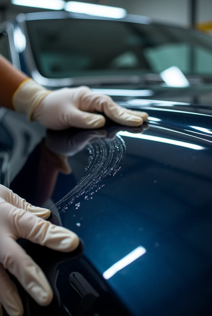 Scratch Removal:
Prompt: A close-up of a detailer removing fine scratches from the bodywork of a luxury car. The image should show the scratch being polished out, with the surrounding paintwork looking smooth and flawless. The focus should be on the effectiveness of the scratch removal process, with the car's surface looking as good as new.