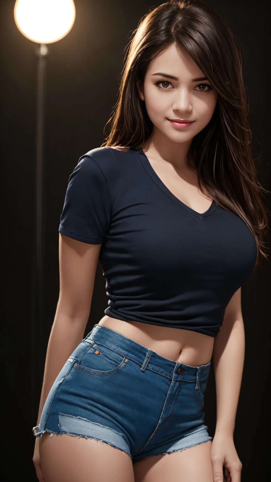 (masterpiece:1.3, realistic:1.3), best quality, ultra detailed, intricate, professional photography, HDR, High Dynamic Range, (8k UHD), RAW photo, dslr, realistic LUT, cinematic LUT, perfect lighting, professional lighting, cinematic lighting, cinematic shadows, iridescent lighting , 1girl, long hair, natural breasts, looking at viewer, smile, brown hair, black hair, brown eyes, short sleeves, cowboy shot, casual, dynamic pose, lips, (DIM LIGHT, dark background)